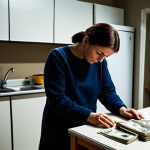 A single adult figure, fully clothed in modest, everyday attire, standing at a dimly lit kitchen table in a humble apartment. Their posture is weary, head slightly bowed, as they look at a small pile of bills, conveying deep exhaustion and the silent burden of daily survival. The room is tidy but simple, with subtle elements suggesting a focus on basic needs. The atmosphere is quiet and reflective, emphasizing the personal cost of precarity. This image is safe for work, appropriate content, fully clothed, family-friendly, with perfect anatomy, correct proportions, natural pose, well-formed hands, proper finger count, natural body proportions, professional photography, high quality.