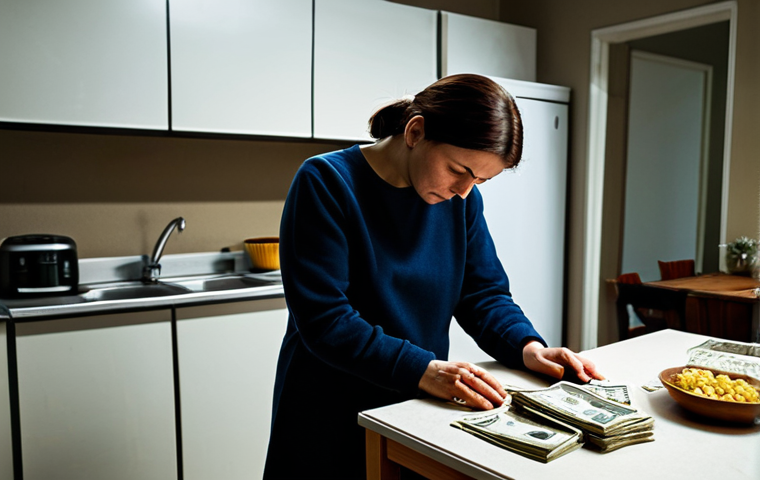 A single adult figure, fully clothed in modest, everyday attire, standing at a dimly lit kitchen table in a humble apartment. Their posture is weary, head slightly bowed, as they look at a small pile of bills, conveying deep exhaustion and the silent burden of daily survival. The room is tidy but simple, with subtle elements suggesting a focus on basic needs. The atmosphere is quiet and reflective, emphasizing the personal cost of precarity. This image is safe for work, appropriate content, fully clothed, family-friendly, with perfect anatomy, correct proportions, natural pose, well-formed hands, proper finger count, natural body proportions, professional photography, high quality.