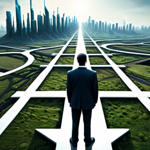 Home 16 The Digital Crossroads**
"A diverse group of people standing at a literal crossroads with paths leading to contrasting futuristic landscapes. One path leads to a utopian cityscape filled with clean energy and harmonious technology integration. The other path leads to a dystopian landscape of data surveillance, pollution, and social unrest. The people are dressed in modern, professional attire, looking thoughtful and concerned. The scene is depicted in a stylized, slightly surreal manner. Safe for work, appropriate content, fully clothed, professional, perfect anatomy, correct proportions, natural pose, high quality, digital art, illustration."
**