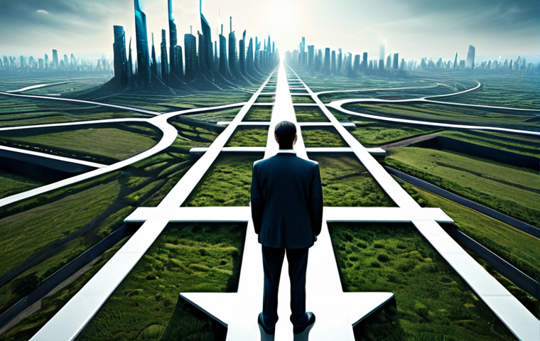 The Digital Crossroads**

"A diverse group of people standing at a literal crossroads with paths leading to contrasting futuristic landscapes. One path leads to a utopian cityscape filled with clean energy and harmonious technology integration. The other path leads to a dystopian landscape of data surveillance, pollution, and social unrest. The people are dressed in modern, professional attire, looking thoughtful and concerned. The scene is depicted in a stylized, slightly surreal manner. Safe for work, appropriate content, fully clothed, professional, perfect anatomy, correct proportions, natural pose, high quality, digital art, illustration."

**