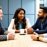 Market Research Focus Group**

A diverse group of adults, fully clothed in casual and modest attire, participating in a market research focus group. They are seated around a table in a brightly lit conference room, discussing their opinions on a new coffee brand. The scene should convey a sense of open communication and engagement. "Professional setting", "safe for work", "appropriate content", "natural body proportions", "well-formed hands", "perfect anatomy".

**