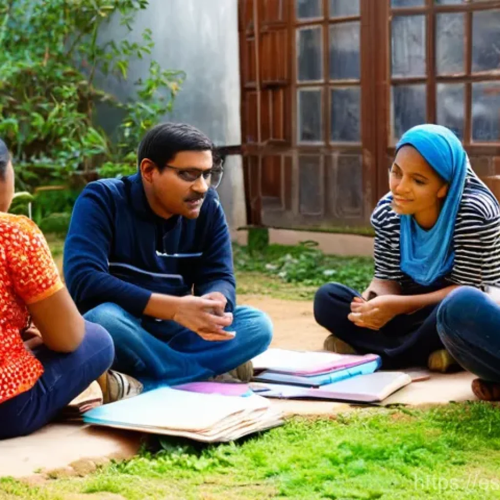 사회적 문제 해결을 위한 디자인 사고 - **Prompt:** A diverse team of designers, community members, and social workers (men and women, all a...