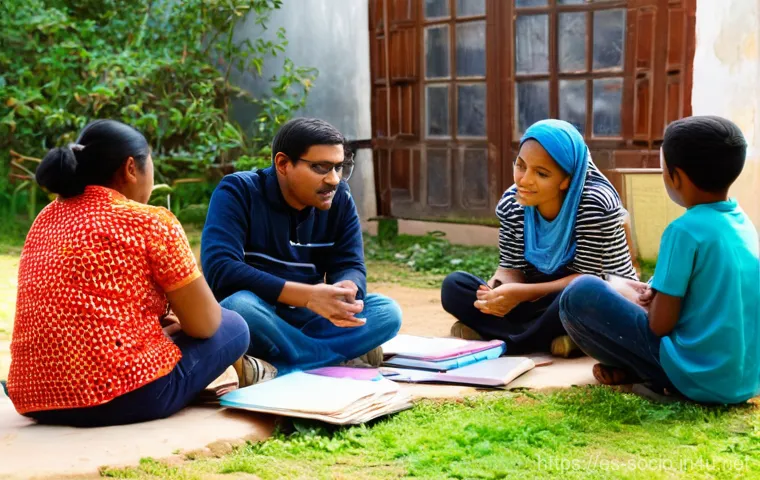 사회적 문제 해결을 위한 디자인 사고 - **Prompt:** A diverse team of designers, community members, and social workers (men and women, all a...