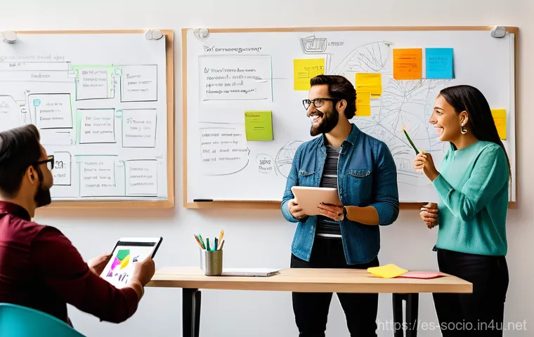 사회적 문제 해결을 위한 디자인 사고 - **Prompt:** A diverse group of adult Design Thinking facilitators and local community members (men a...