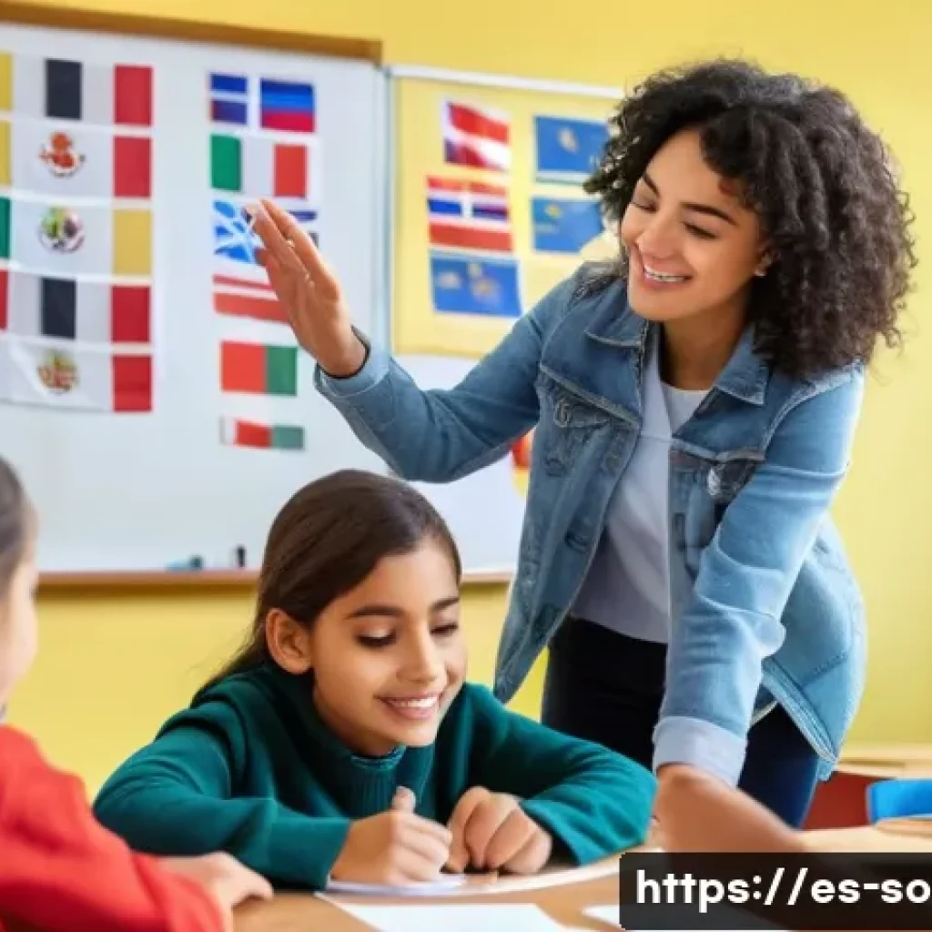 다문화 사회와 이민 정책 - A diverse multicultural classroom scene in a modern Spanish school, showing students of different et...