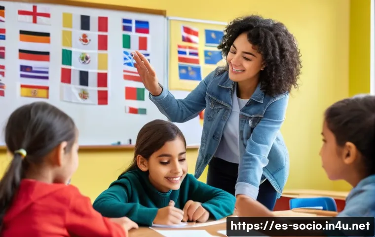 다문화 사회와 이민 정책 - A diverse multicultural classroom scene in a modern Spanish school, showing students of different et...