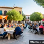 공동체 형성과 사회적 신뢰 - A vibrant urban community meeting in a sunny Spanish neighborhood plaza, featuring diverse neighbors...