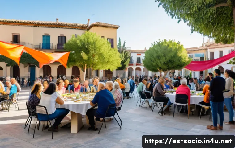 공동체 형성과 사회적 신뢰 - A vibrant urban community meeting in a sunny Spanish neighborhood plaza, featuring diverse neighbors...