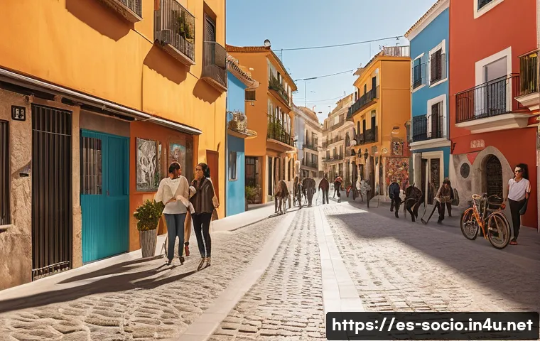 사회적 낙인과 범죄 연구 - A diverse urban neighborhood in Spain showing a mix of residential buildings and community spaces, w...