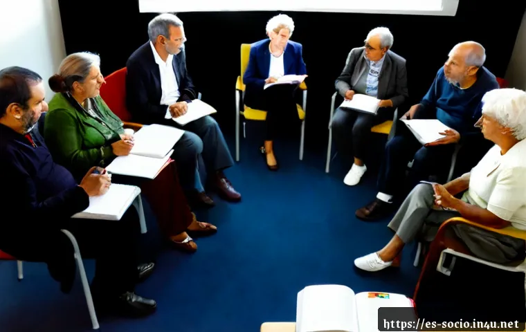 사회적 담론과 공론장 이론 - Photorealistic community roundtable in a sunlit civic center in Madrid, diverse Spanish adults and s...